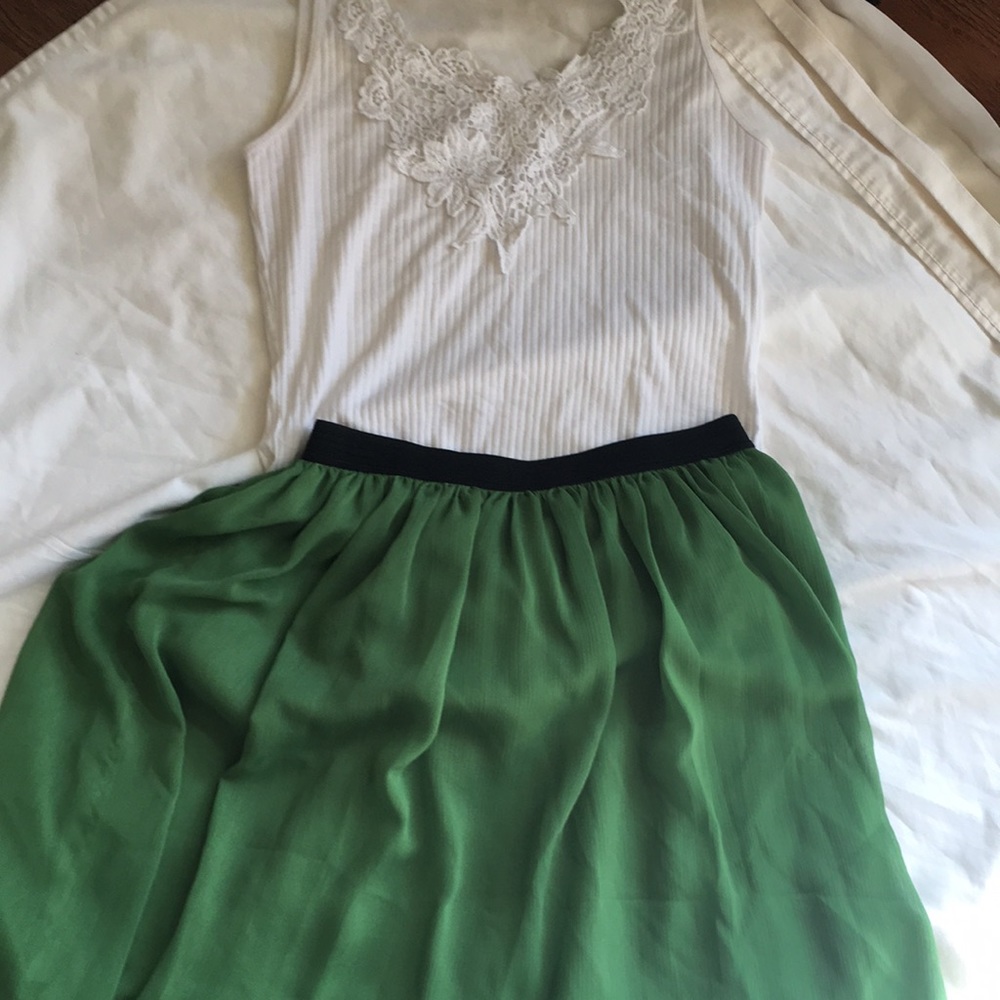 Green skirt and white tank top